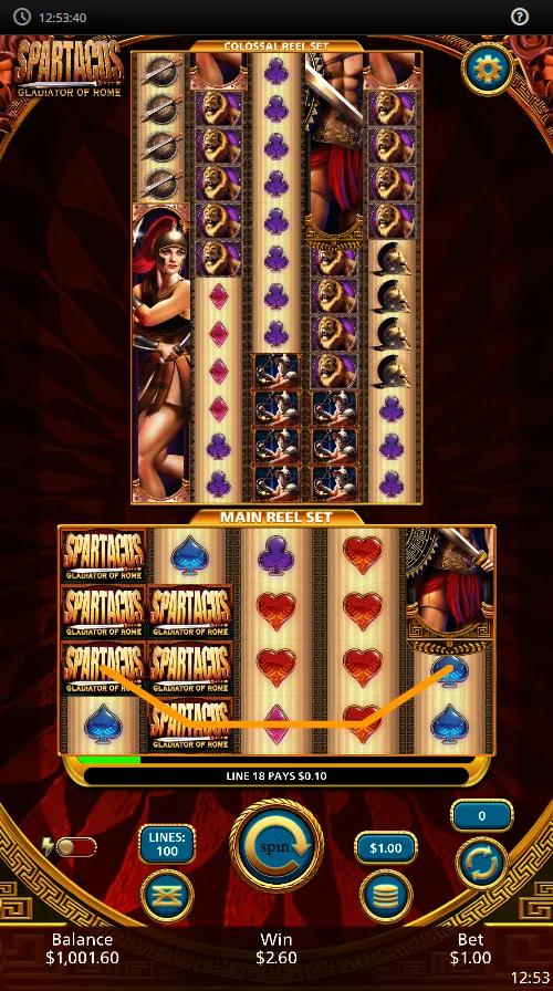 Spartacus Gladiator of Rome slot gameplay showing dual Main and Colossal reels with stacked SPARTACUS Wilds and a line win