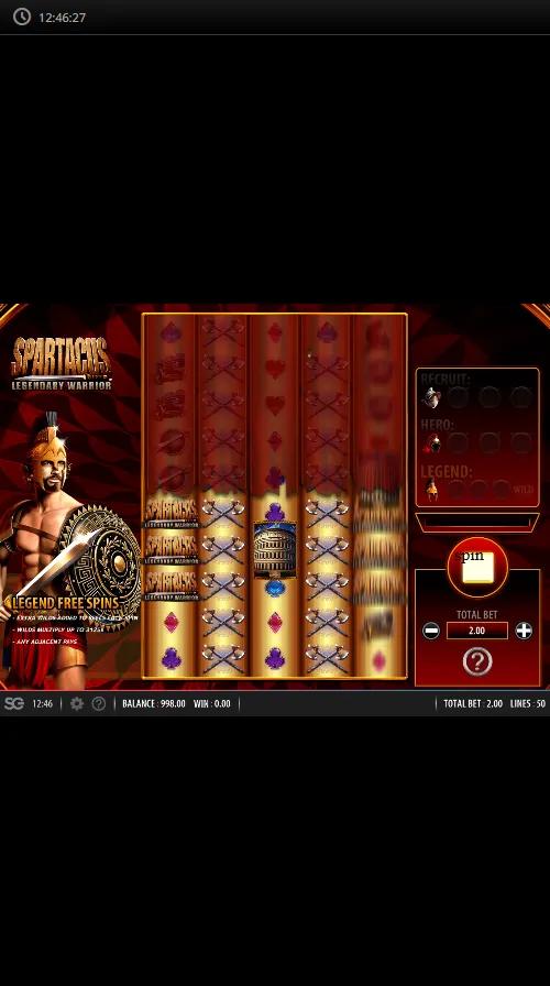 Spartacus Legendary Warrior slot gameplay showing the dual Colossal Reels grid with an expanded golden WILD reel