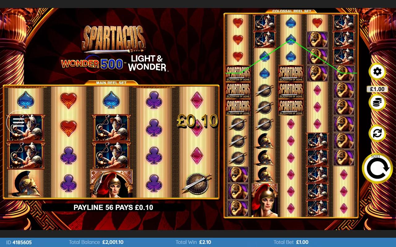 Spartacus Wonder 500 slot showing 5x4 main reels and 5x12 Colossal reels with gladiator symbols