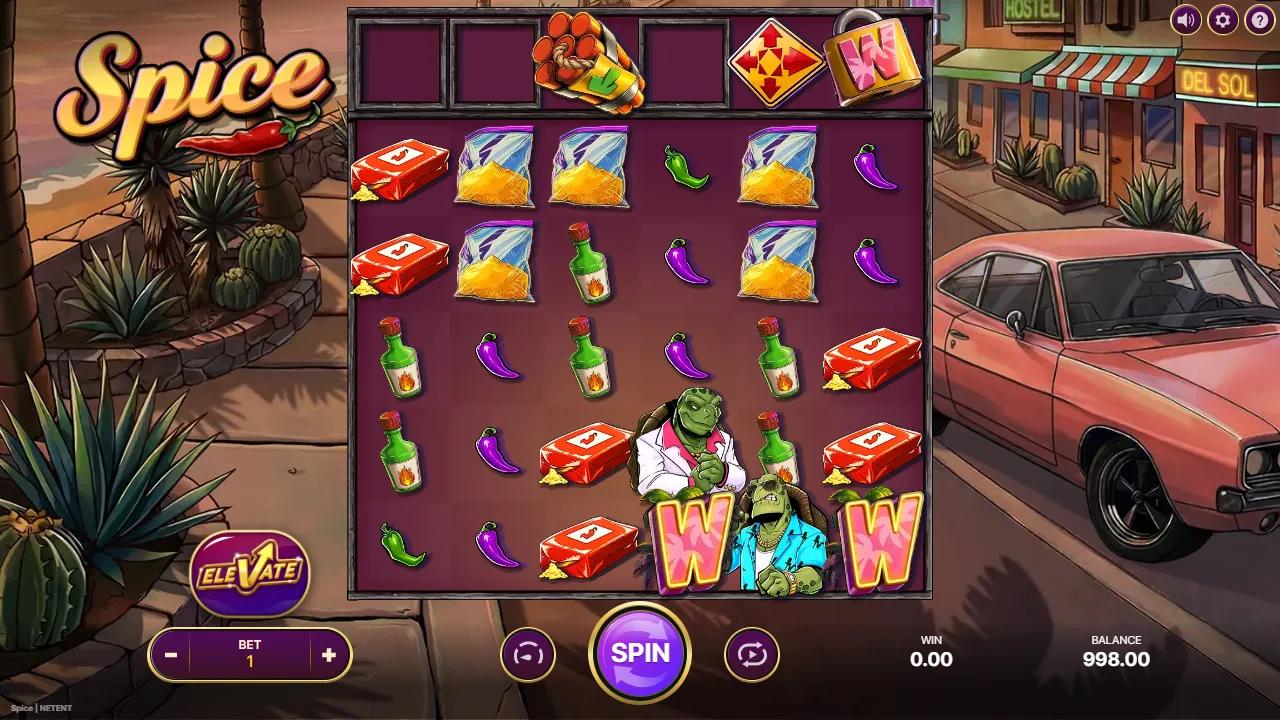 Spice slot gameplay showing the 6x5 bet ways grid with Bomb and Locked Wild in the Feature Lane
