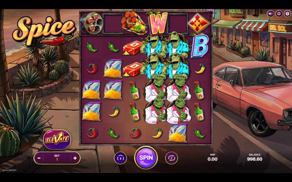Spice feature lane above the reels carrying a revolver, a stick of dynamite, a wild and a four-arrow diamond over a base game board