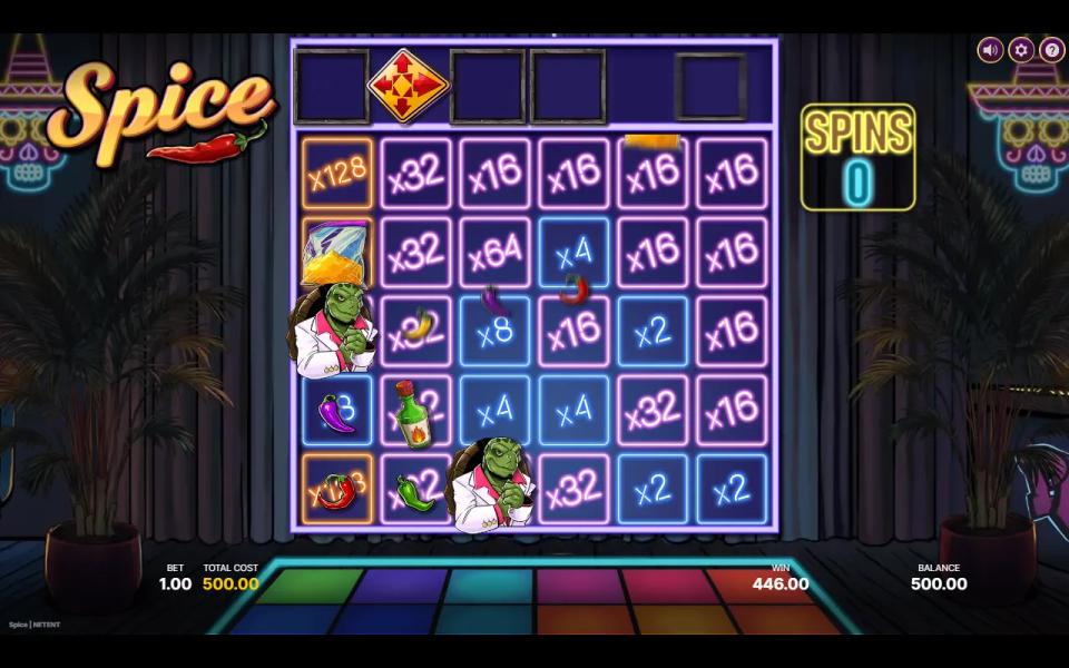 Last spin of Spice Super Free Spins with multiplier squares on almost every position, from x2 up to x128 in the top-left corner