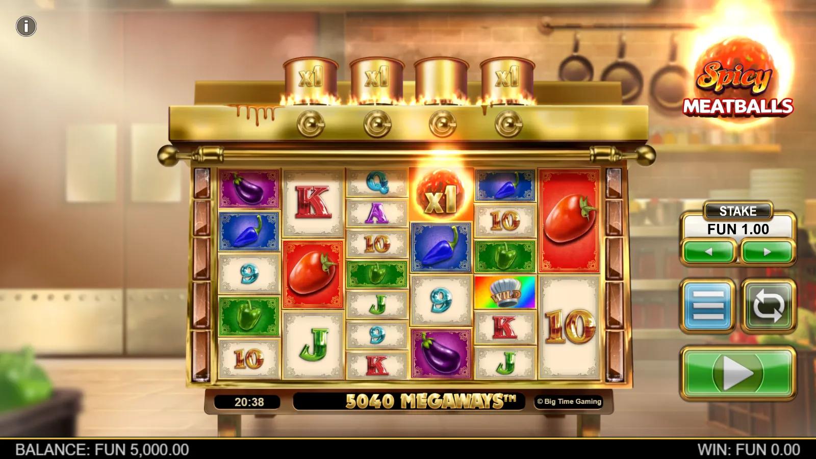 Spicy Meatballs slot base game showing chilli and vegetable symbols on a golden stove with flaming Wild Meatball pots