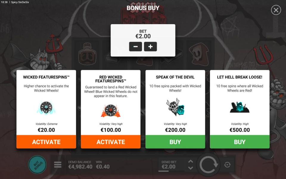 Spicy SixSixSix Bonus Buy menu with four feature cards priced 10x to 250x the bet