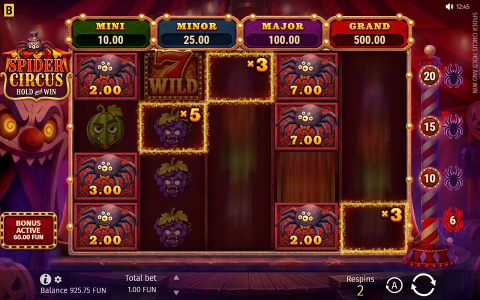 Spider Circus Hold and Win bonus on a 5x4 board, six Spiders held and three glowing multiplier cells (x3, x5, x3), with the Spider counter pole on the right