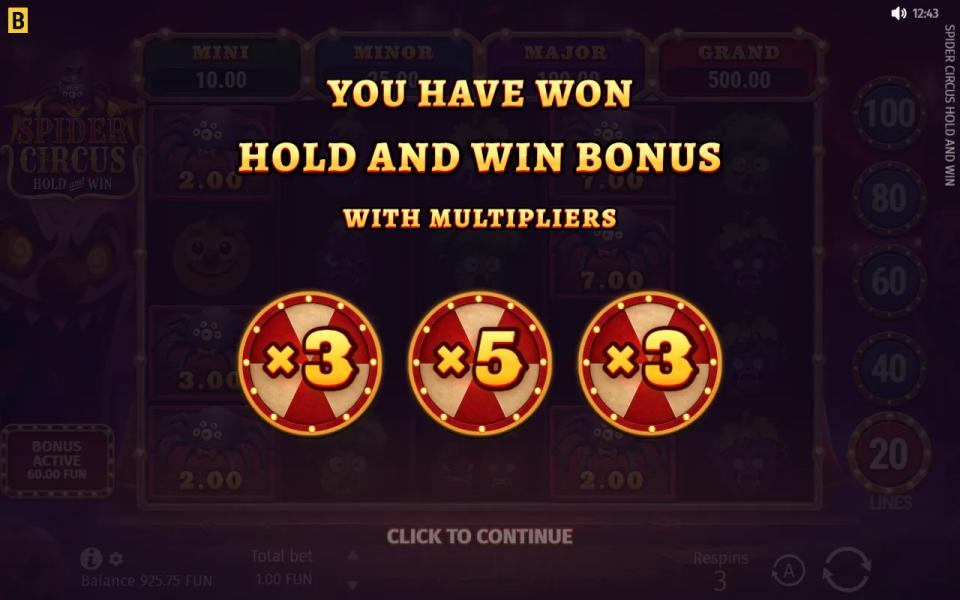 Spider Circus Hold and Win intro screen with three discs stopped on x3, x5 and x3