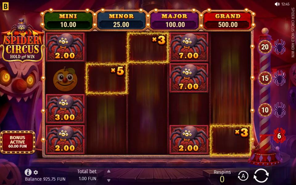 Spider Circus bonus board after the last respin, the same six Spiders held and no Spider on any multiplier cell