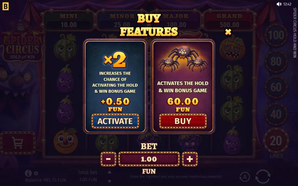 Spider Circus Buy Features menu with the Chance x2 card and the HOLD & WIN buy at 60 times the bet