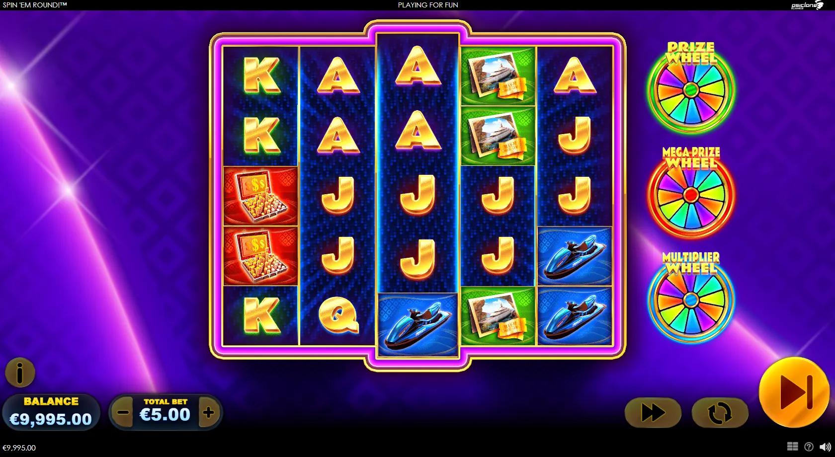 Spin 'Em Round! gameplay showing the purple-and-gold game-show reels with the Prize, Mega Prize and Multiplier wheels down the right side