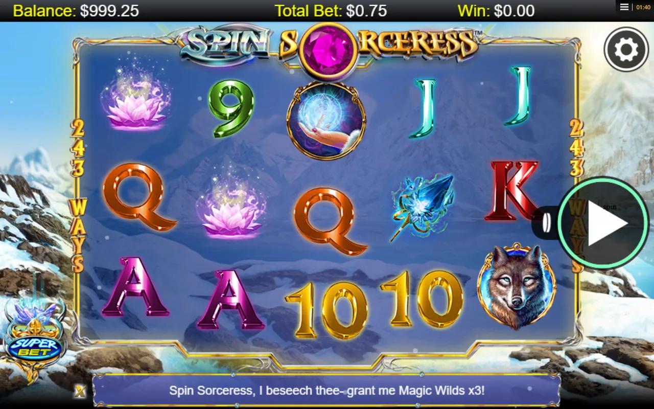 Spin Sorceress slot gameplay showing 5x3 grid with 243 ways, Wolf Wild and Sorceress Hand scatter symbols