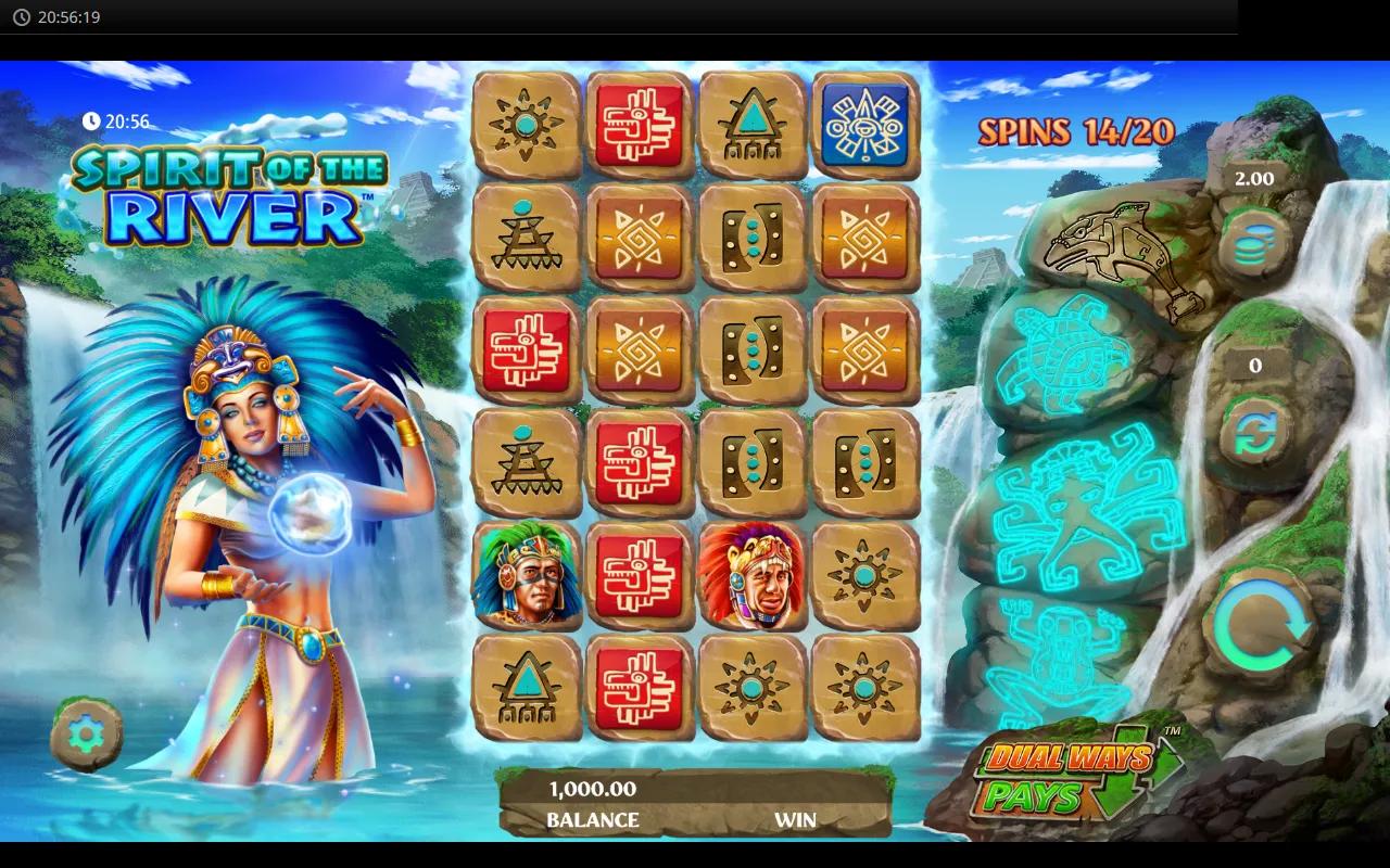 Spirit Of The River slot gameplay showing 6x6 Aztec stone grid with Spirit Tower scatter collector and Dual Ways Pays