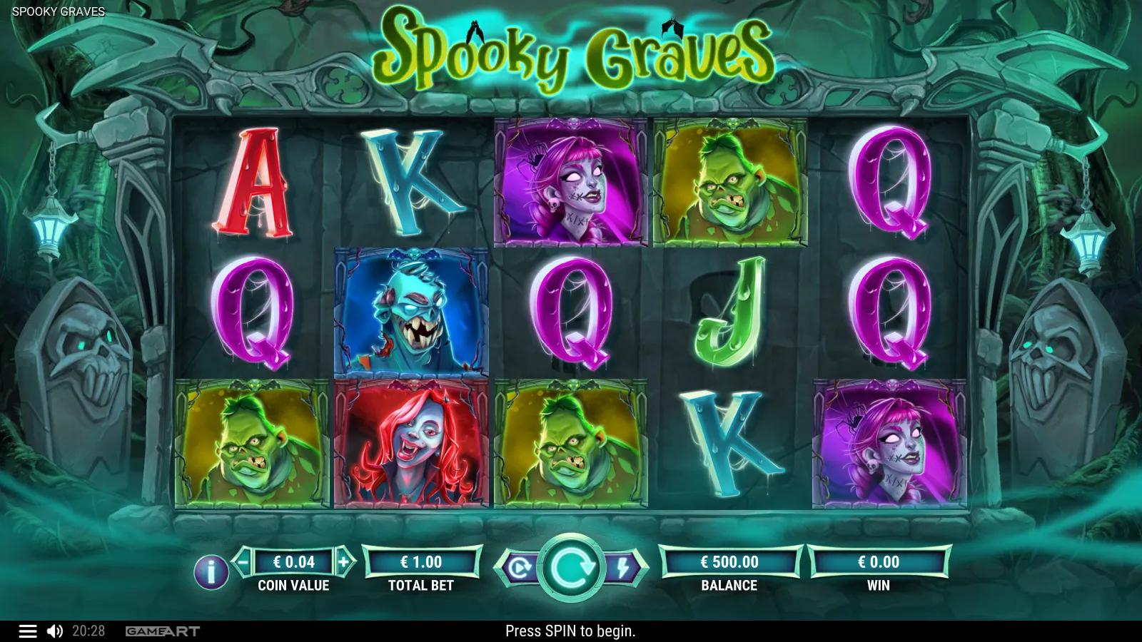 Spooky Graves slot gameplay showing the 5x3 graveyard grid with zombie, goblin and ghoul monster symbols and blood-dripping card royals