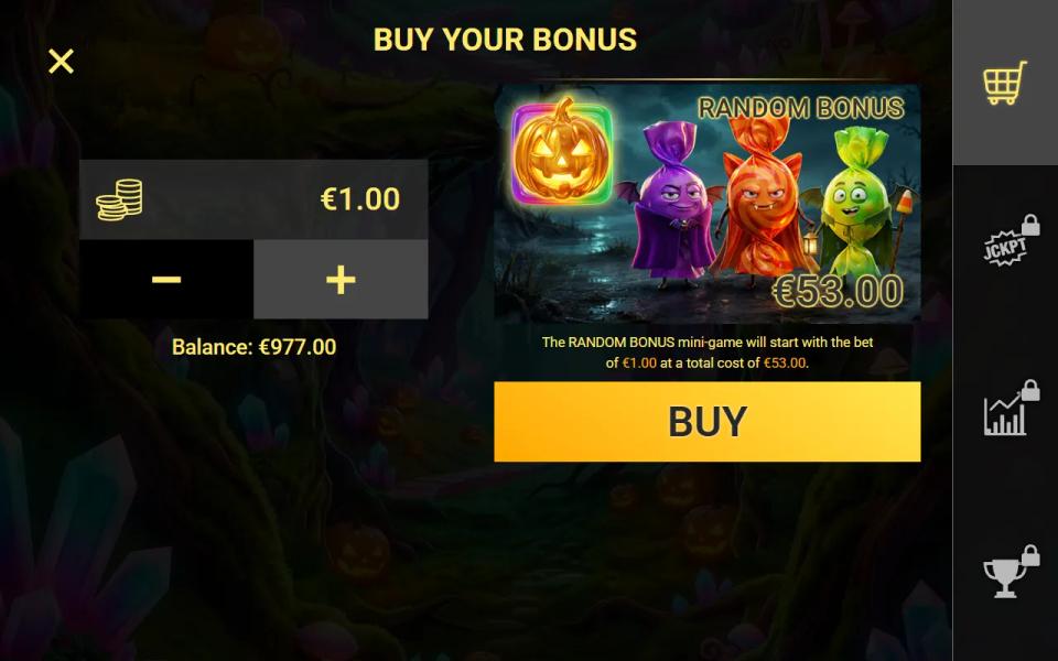Spooky Sweets Buy Your Bonus screen offering the single Random Bonus product at 53 times the bet
