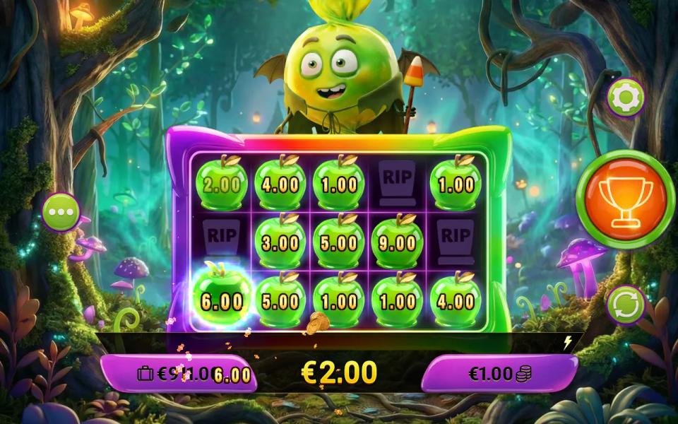 Spooky Sweets Pin Win grid with twelve of fifteen cells covered by green apple pins and three cells left as RIP tombstones
