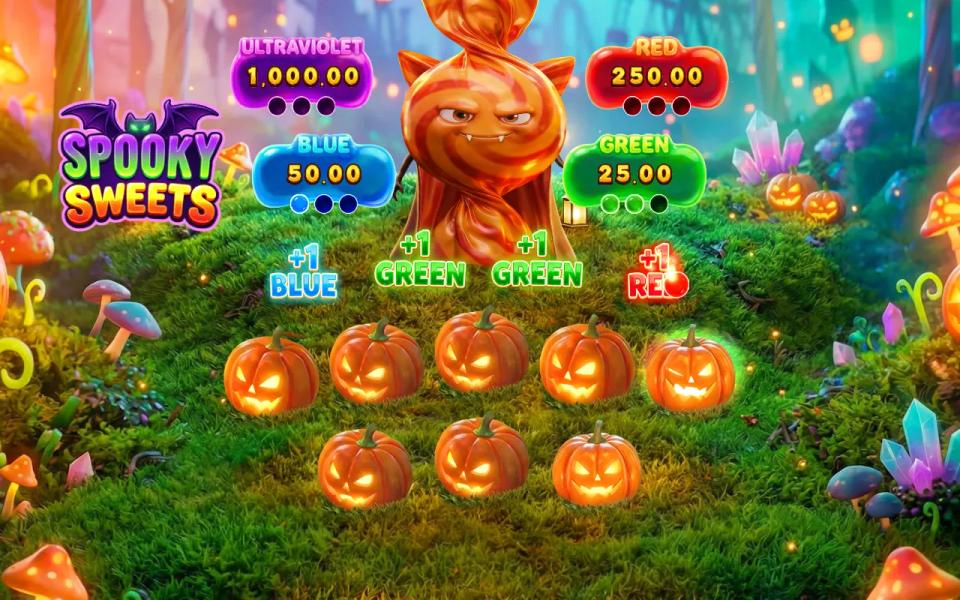 Spooky Sweets Pick'em round with pumpkins opened to reveal blue, green and red tokens under the four prize plaques from 25x to 1,000x