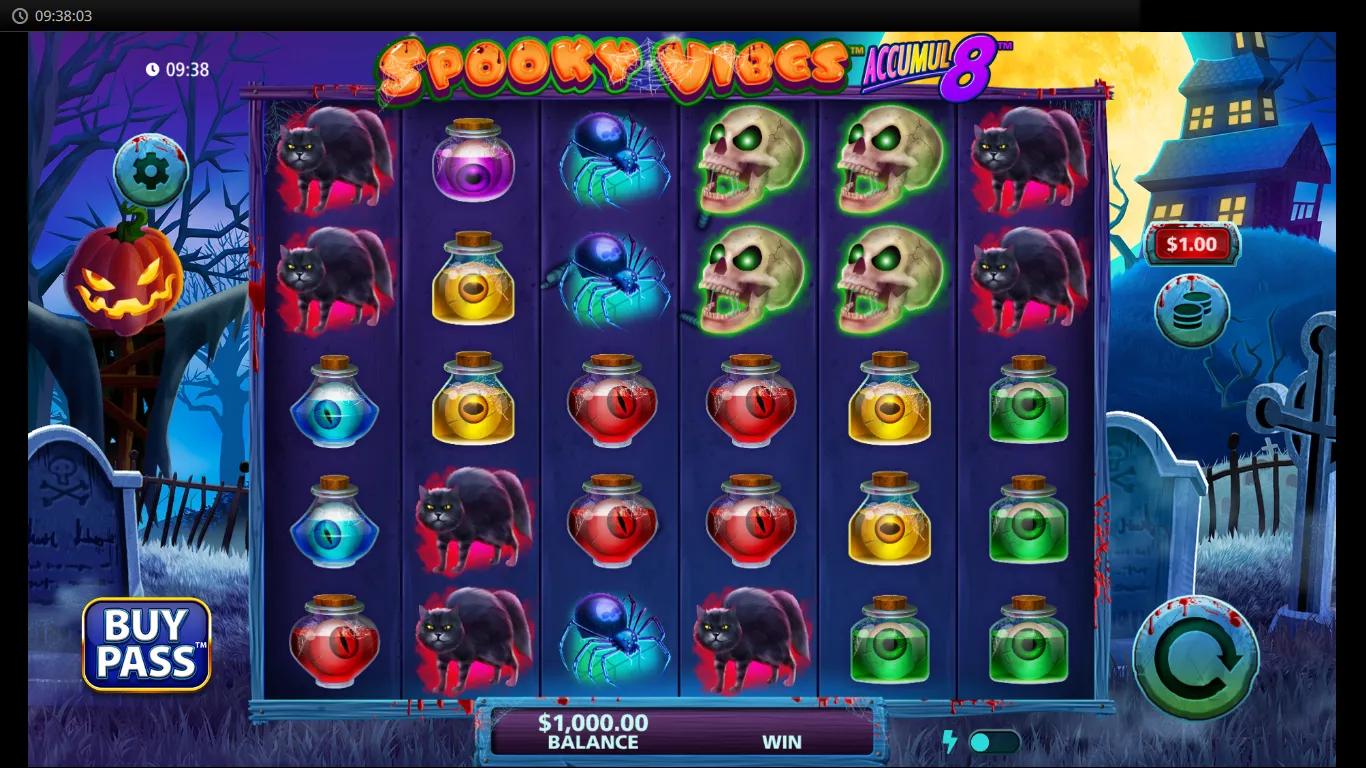 Spooky Vibes Accumul8 gameplay screenshot showing 6x4 graveyard reels with pumpkin scatters and black cat symbols