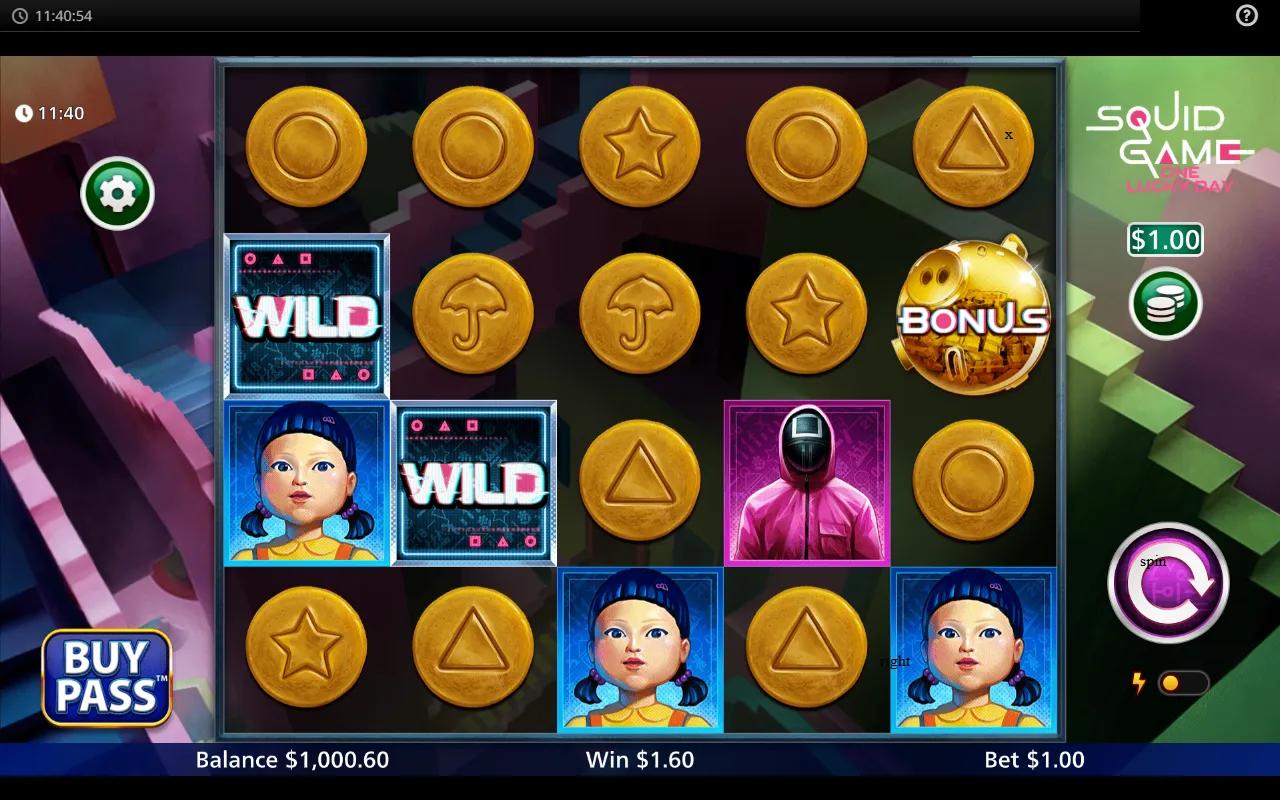 Squid Game One Lucky Day slot gameplay showing 5x4 grid with character premiums, golden game-symbol coin lows and neon WILD