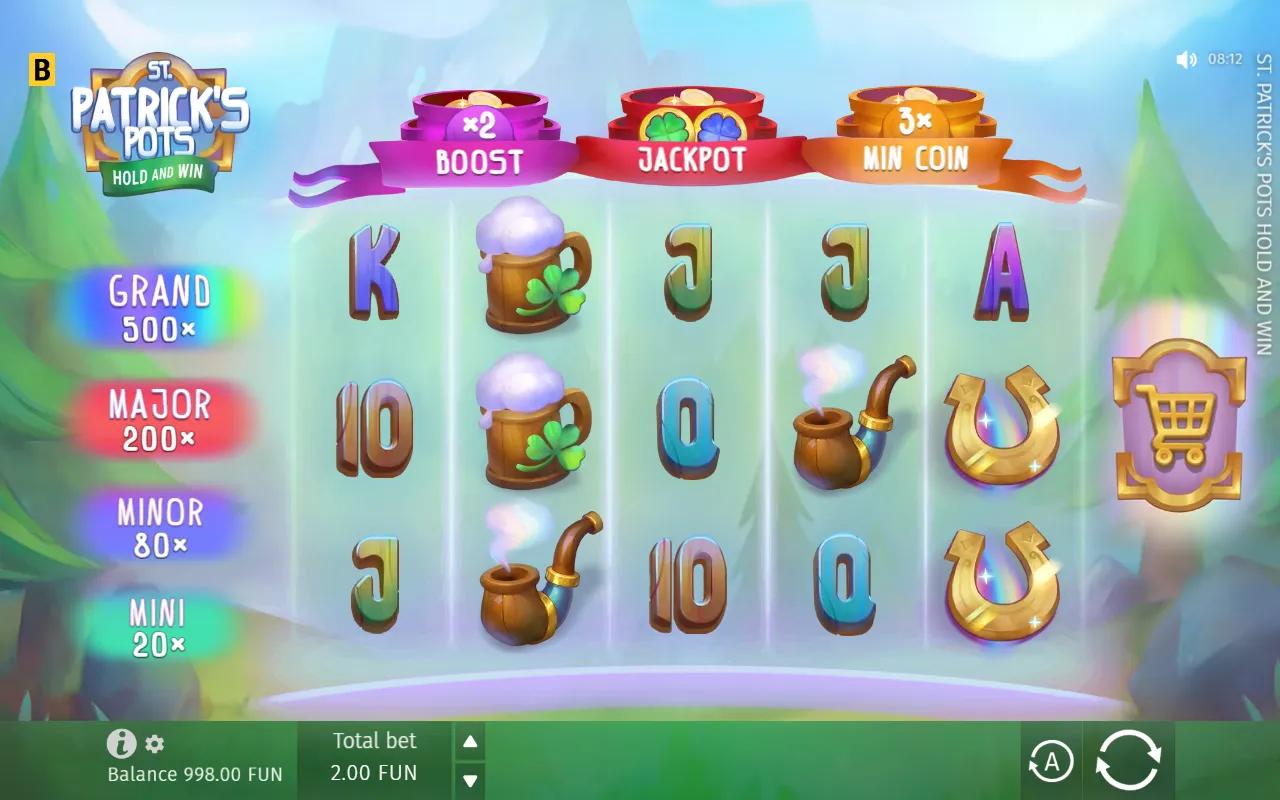 St. Patrick's Pots Hold and Win slot 5x3 grid with leprechaun and horseshoe symbols below the three feature pots