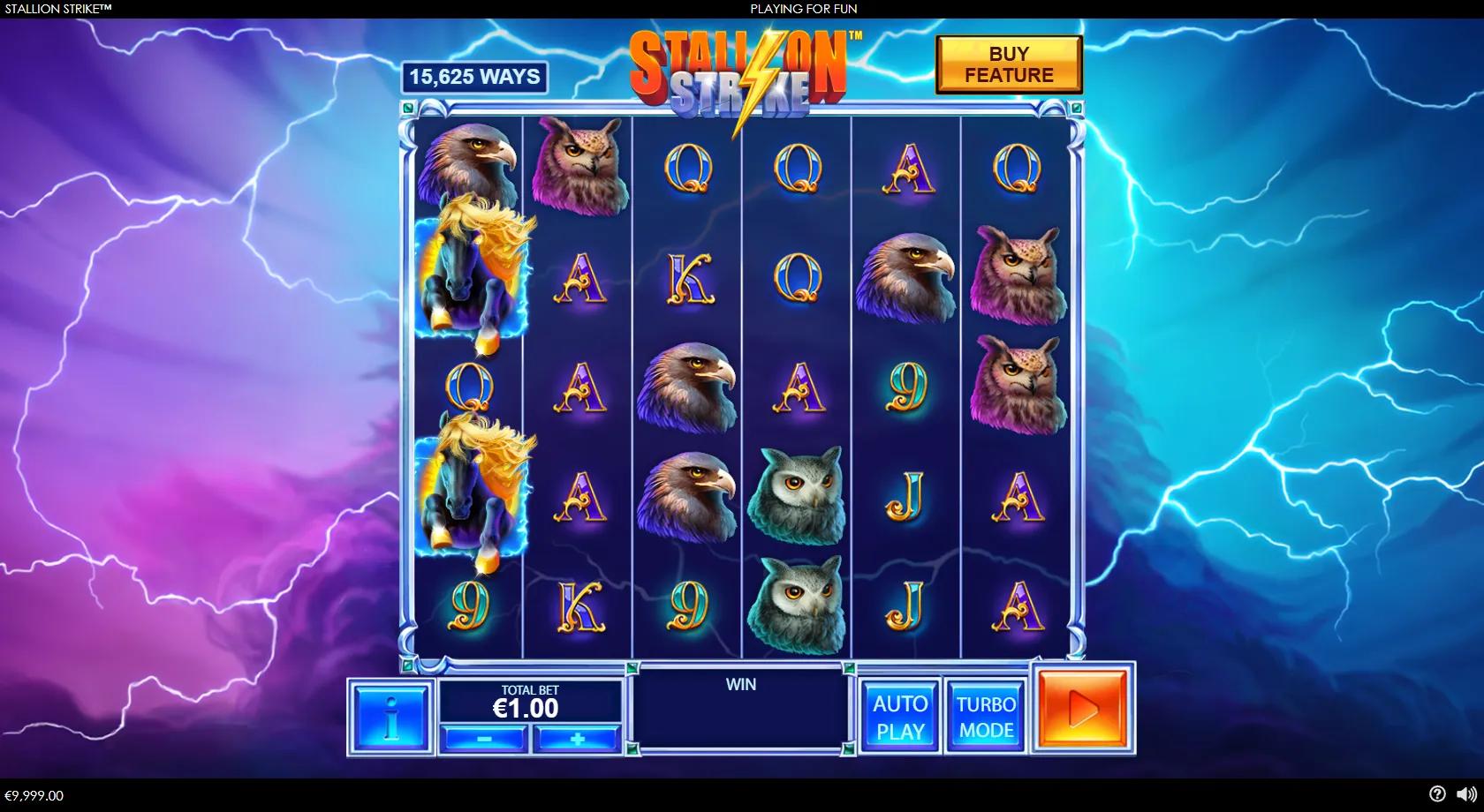 Stallion Strike slot: 6x5 15,625-ways grid with glowing stallions, eagle, owl and diamond wild in a thunderstorm