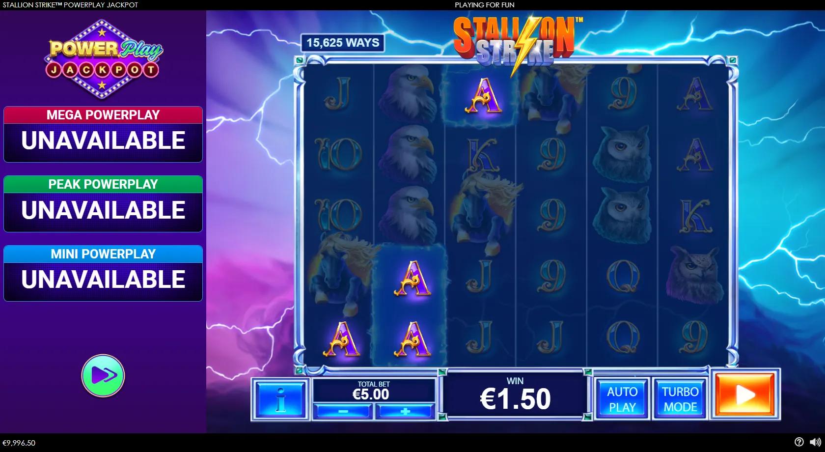 Stallion Strike PowerPlay Jackpot gameplay showing 6x5 stormy reels with stallion, eagle and owl symbols and three progressive jackpots