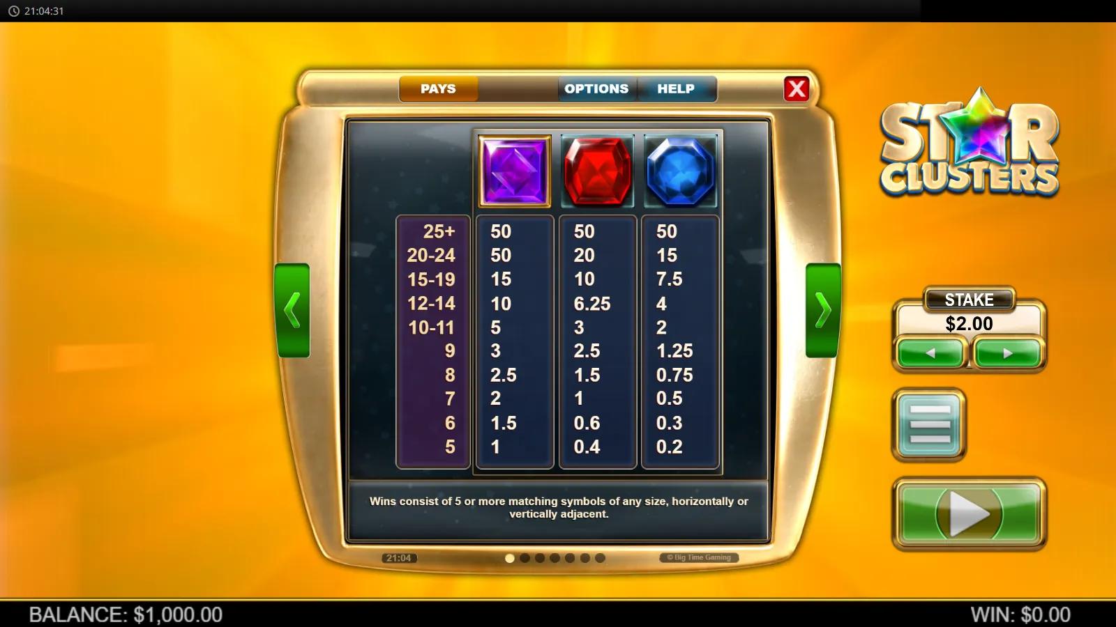 Star Clusters Megaclusters slot PAYS screen showing purple, red and blue gem cluster payouts on a golden cosmic backdrop