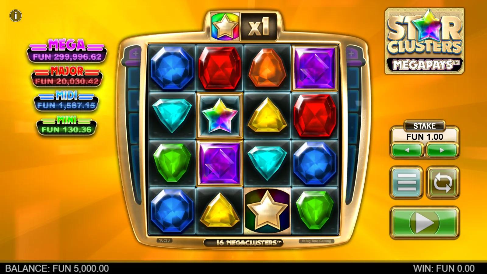 Star Clusters Megapays slot gameplay showing the 4x4 Megaclusters gem grid with the four-tier progressive jackpot ladder