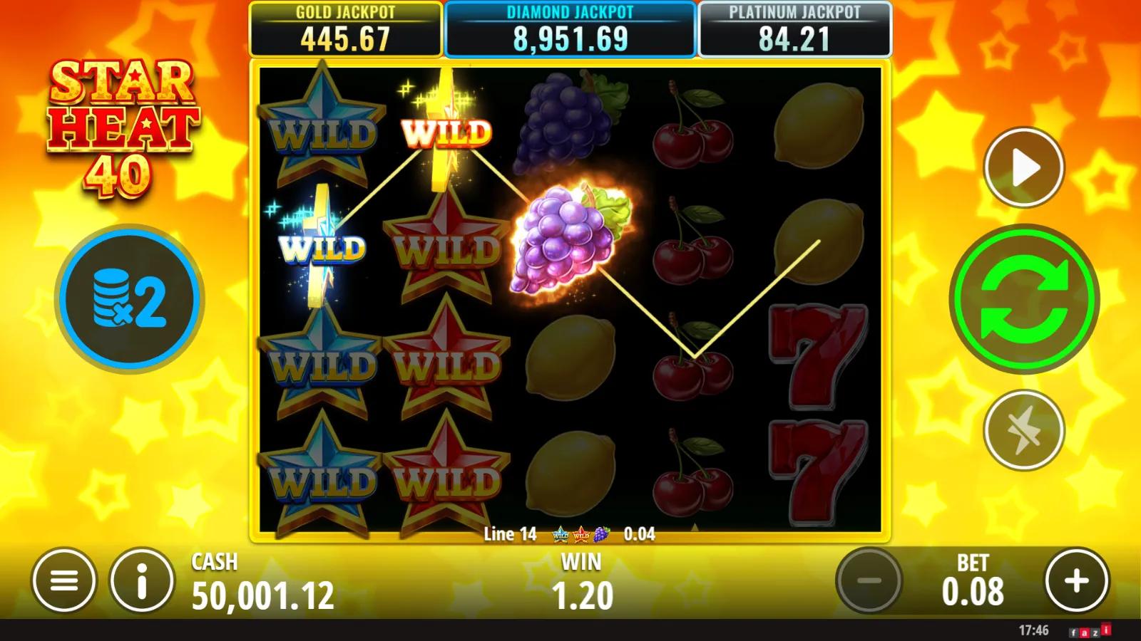Star Heat 40 slot gameplay showing the 5x4 grid with stacked red and blue Star Wilds and Gold/Diamond/Platinum jackpots