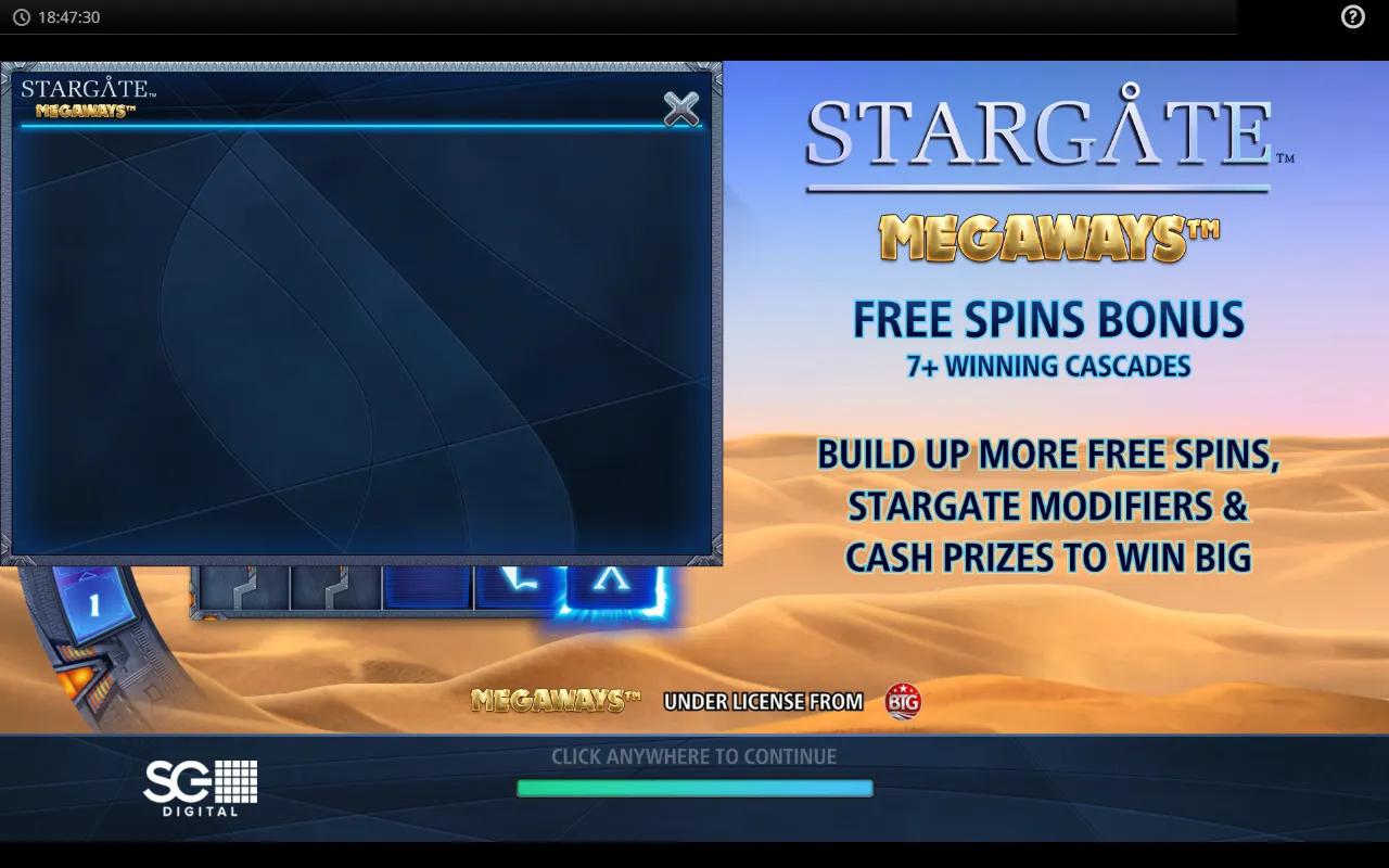 Stargate Megaways slot showing 6-reel grid with Ra, Colonel O'Neil and Daniel Jackson symbols against Abydos dune backdrop