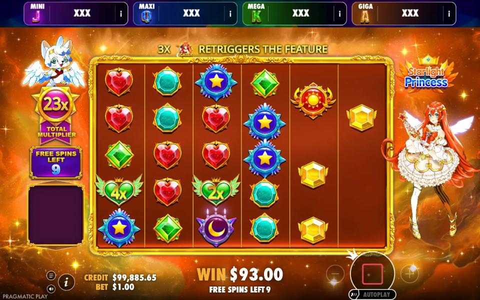 Starlight Princess - Oranje Jackpot free spins on the 6x5 gem board, 4x and 2x heart multipliers landing, a 23x total multiplier on the left and the four jackpot plaques above the reels