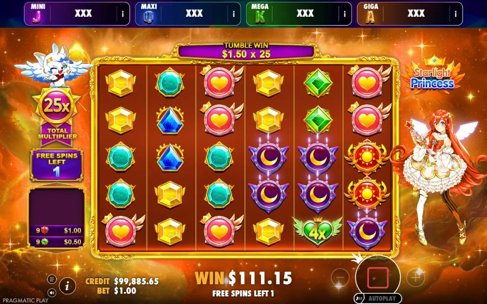 Last free spin where a 4x heart lands on a winning tumble and the tumble win is multiplied by the 25x running total
