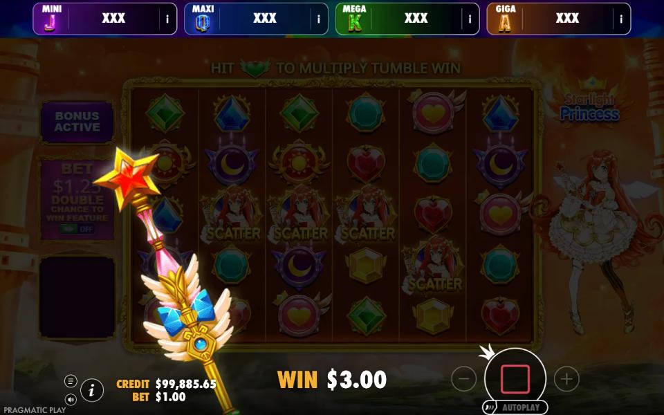 The bought spin landing four scatters on dimmed reels with BONUS ACTIVE lit and the jackpot bar above still reading XXX