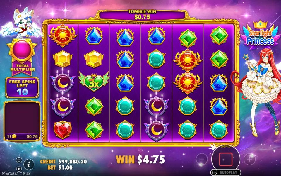 Starlight Princess free spins on the 6x5 board: a green 3x heart multiplier lands on a winning tumble of eleven yellow gems, princess scatter beside the reels
