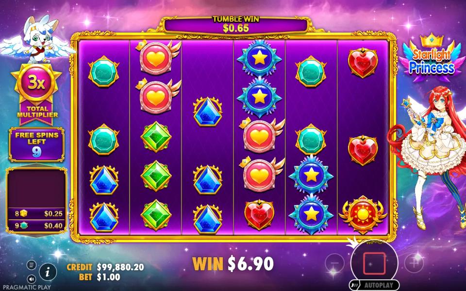 Free spins board with the total multiplier meter at 3x and a small gem win, no multiplier orb on the reels