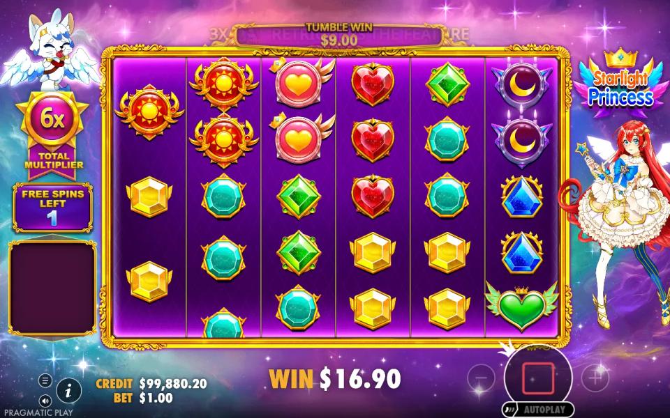 Late free spin with the total multiplier meter at 6x and the tumble win multiplied to 9x the bet