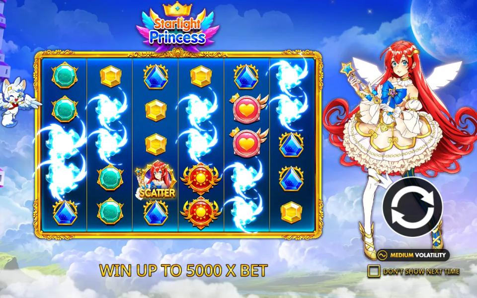 Starlight Princess intro screen with the red-haired princess, the 6x5 gem board and the 5000x bet max win banner