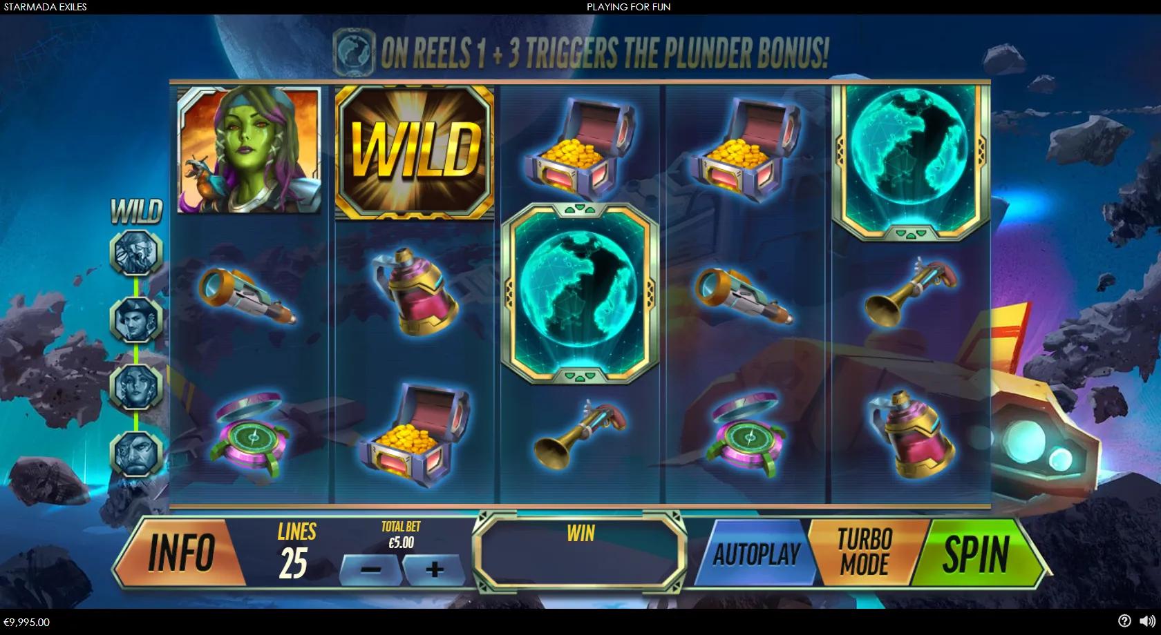 Starmada Exiles slot: 5x3 25-line grid with space-pirate exile symbols, treasure chest and the Earth scatter