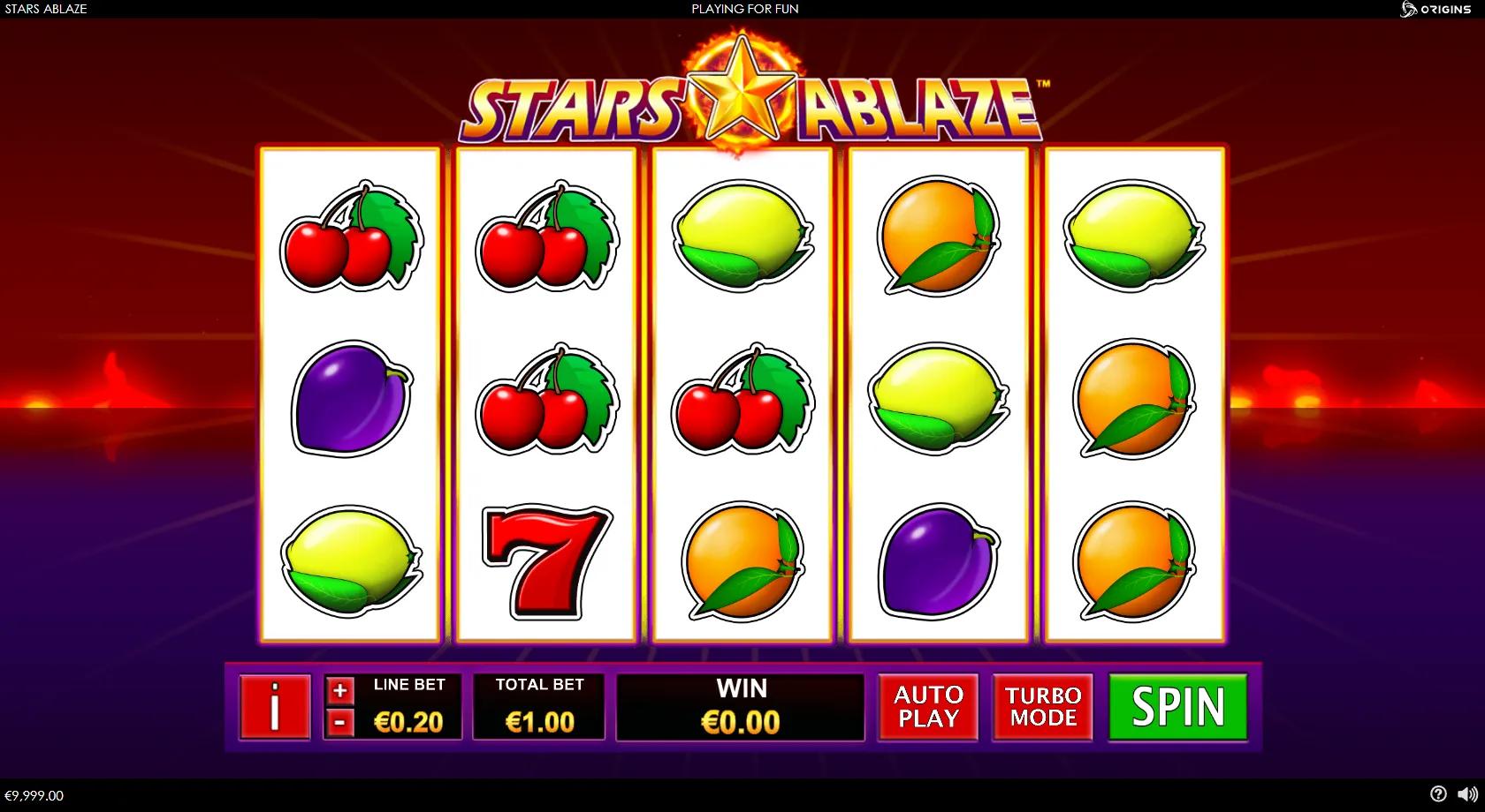 Stars Ablaze 5x3 five-line fruit-machine grid with cherries, lemon, red 7 and a golden star