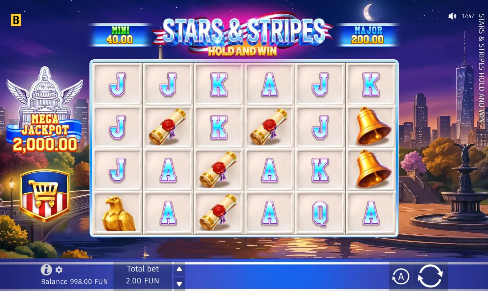 Stars & Stripes Hold and Win gameplay showing the 6-reel 262,144-ways grid with golden eagle and Liberty Bell symbols