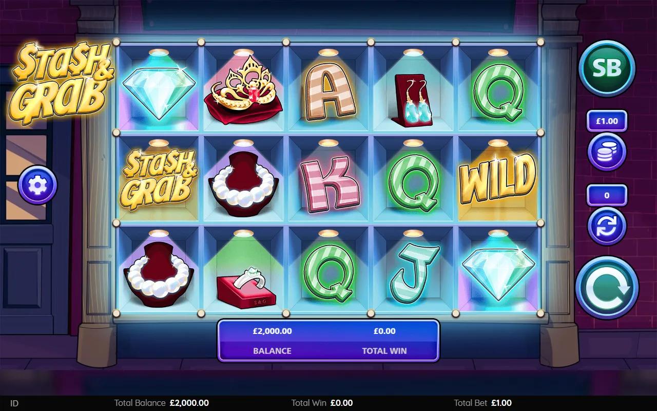 Stash and Grab slot showing 5x3 grid with diamond, tiara, pearls and Robber symbols in jewellery display cabinets