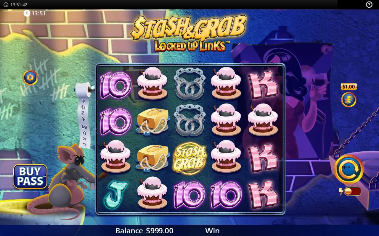 Stash & Grab Locked Up Links slot showing 5x4 grid with cake bomb, handcuffs and soap symbols against a graffiti-streaked prison wall