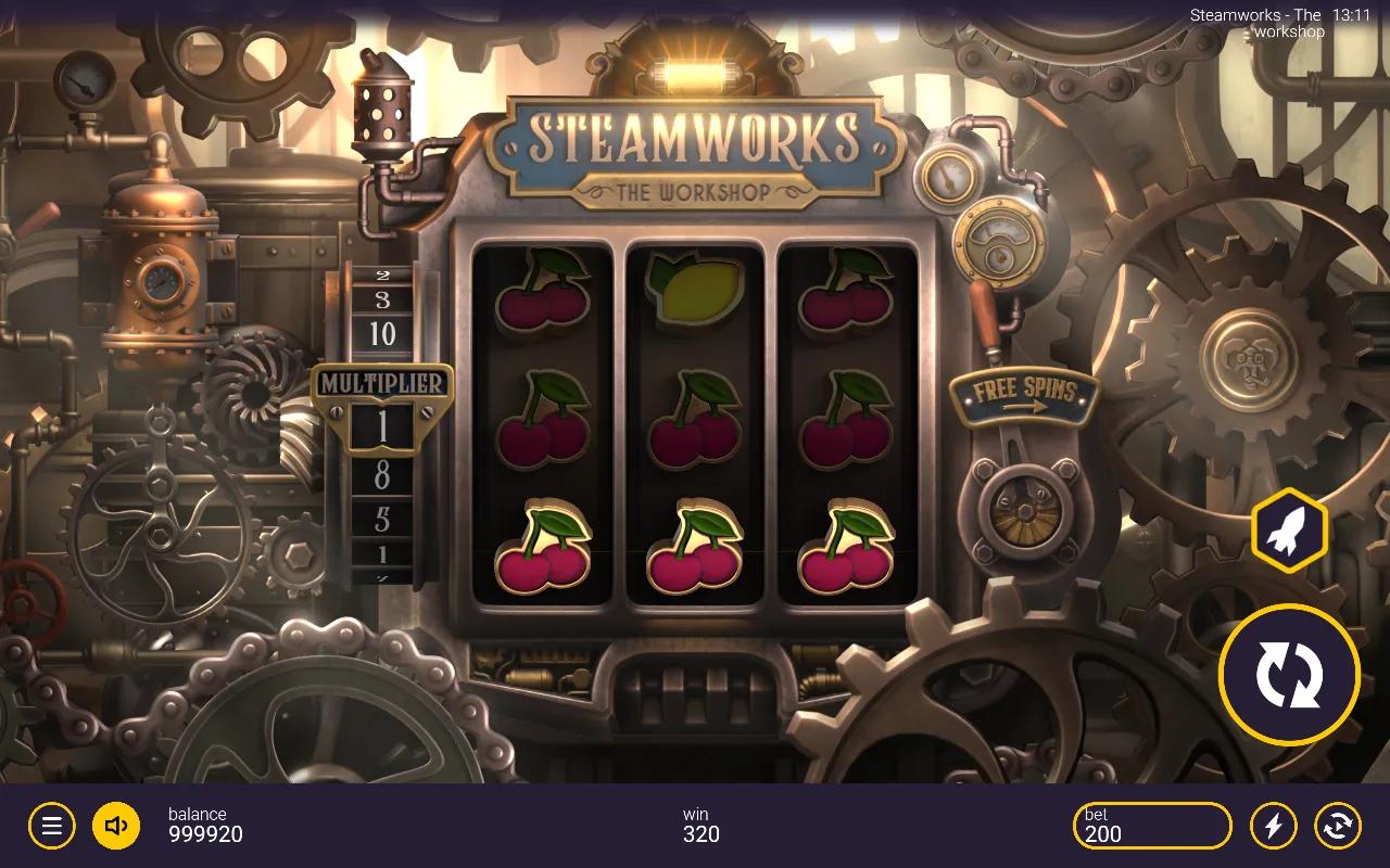 Steamworks The Workshop slot 3x3 brass cabinet paying rows of cherries beside the vertical multiplier reel