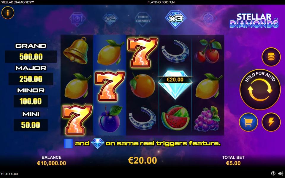 Stellar Diamonds slot 5x3 fruit reels in a purple nebula, red sevens ablaze across three columns completed by a wild diamond, with the four Bonus Prize meters down the left edge
