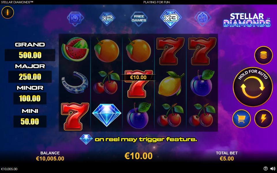 Wild diamond at the foot of the x2 reel completing a line of red sevens, with the multiplier feature not triggered