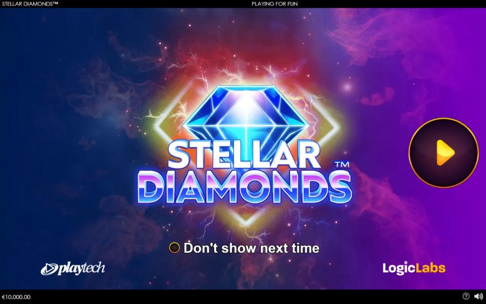 Stellar Diamonds title screen with a large faceted blue diamond logo over a purple and red nebula, Playtech and LogicLabs wordmarks below