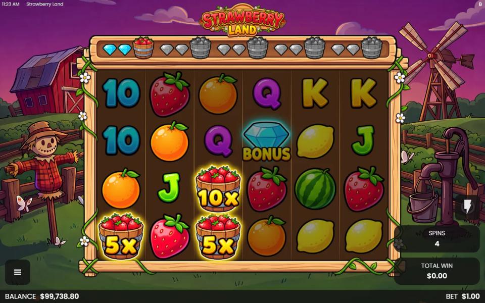 Wild Harvest free spin with the third Bonus diamond landing on reel 4 and three sticky Wilds placed, two at 5x and one at 10x, total win still zero