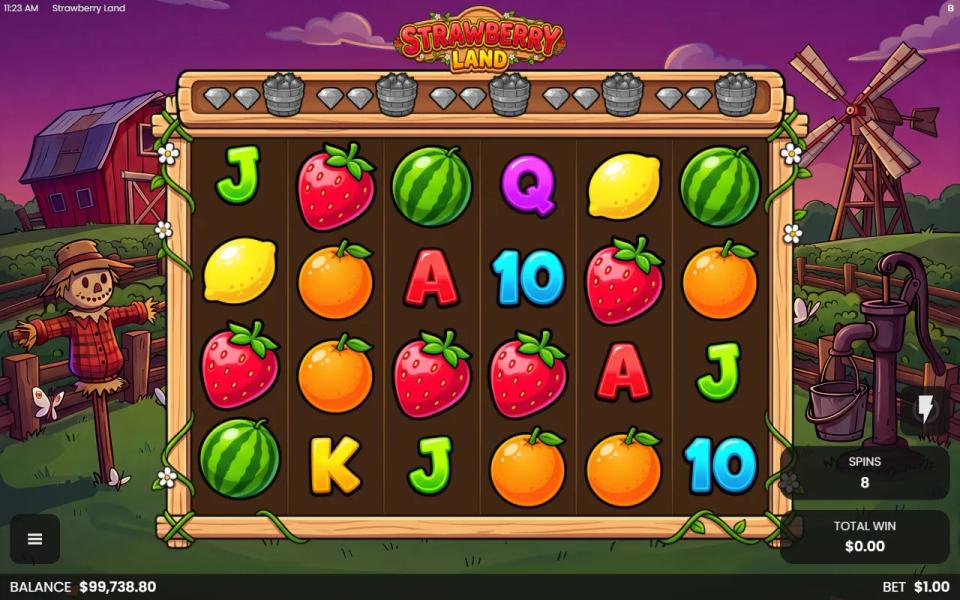 Wild Harvest free spin before the ladder levels up, a plain board of fruit and card symbols with no Wild anywhere and an empty ladder above the reels