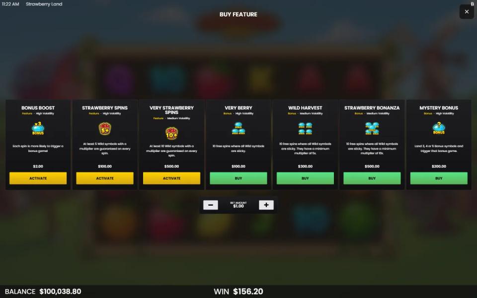 Strawberry Land buy menu with seven cards: Bonus Boost, Strawberry Spins, Very Strawberry Spins, Very Berry, Wild Harvest, Strawberry Bonanza and Mystery Bonus with their prices