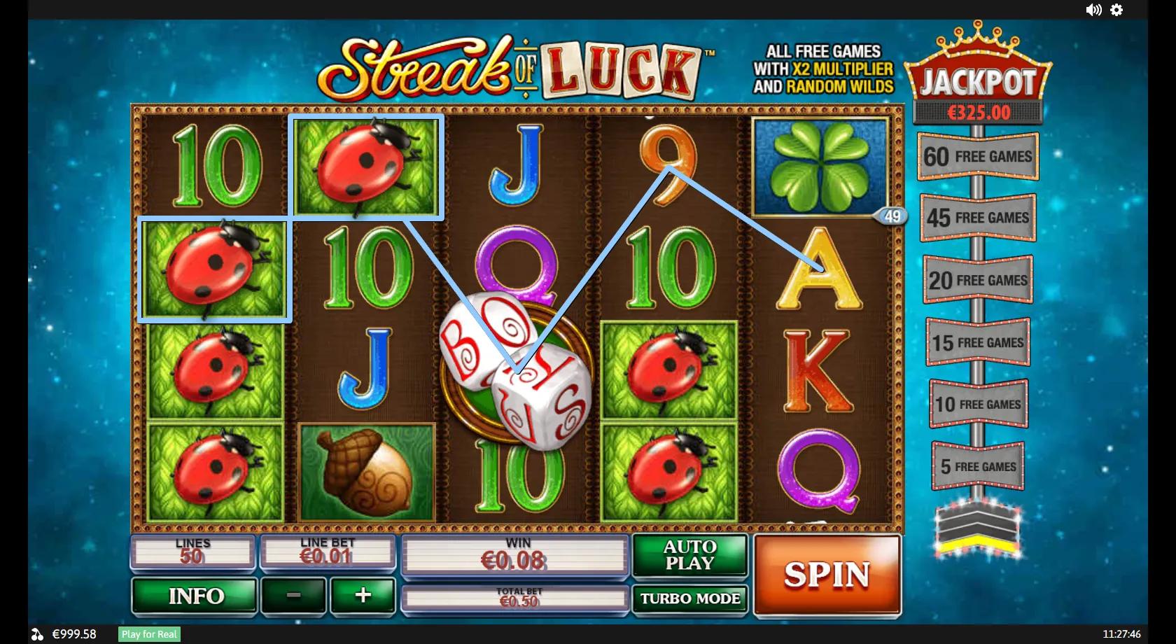Streak of Luck gameplay showing a 5x4 reel set with clovers, ladybirds, a lucky cat and a free-games streak ladder