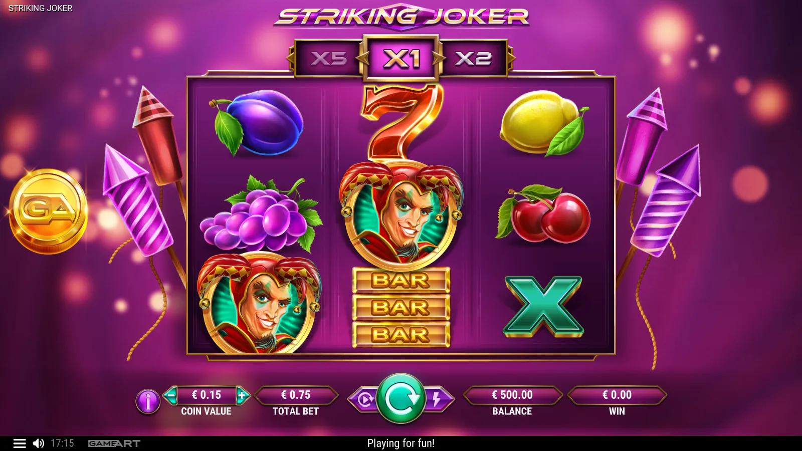 Striking Joker slot gameplay showing the 3x3 grid with fruit, BAR, lucky 7 and green Joker Wild symbols beside a multiplier ladder