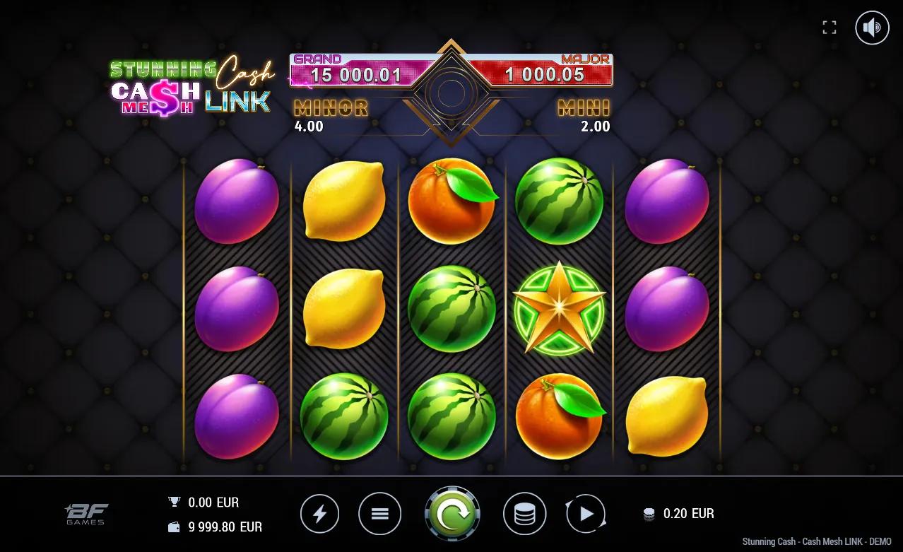 Stunning Cash Cash Mesh Link slot gameplay showing 5x3 fruit grid with gold COIN symbols and progressive jackpot ticker